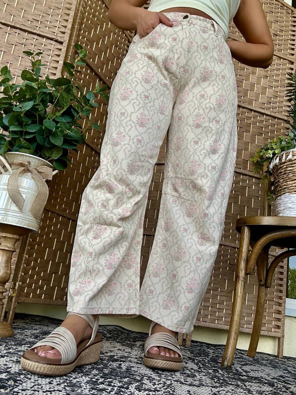 NEW PEACH LOVE vintage baroque floral gypsy fit pants in beige